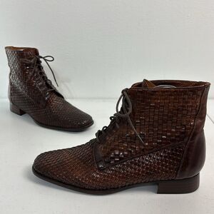 Sesto Meucci Brown Woven Leather Lace-Up Ankle Boots Womens 8.5 Preppy Academia